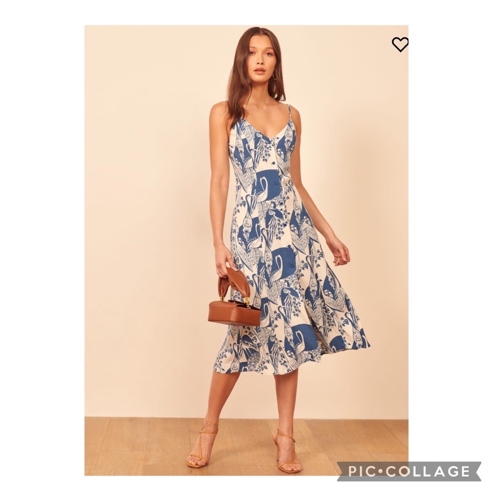 Reformation 0 Gemstone Midi Dress Buttons Avian Print